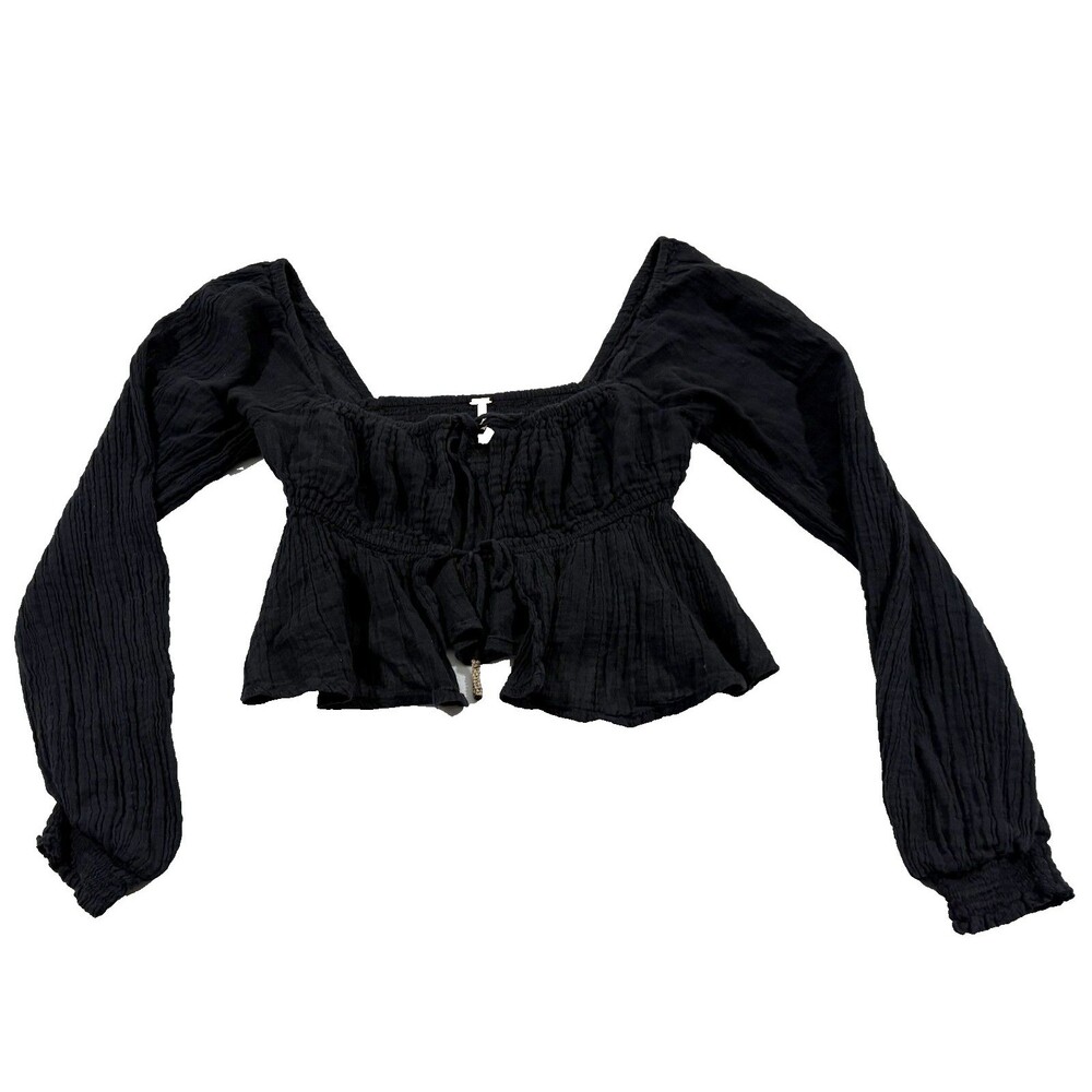 Free People Black Smocked Long Sleeve Cottage Core Goth Blouse Gauzy Top Sz S